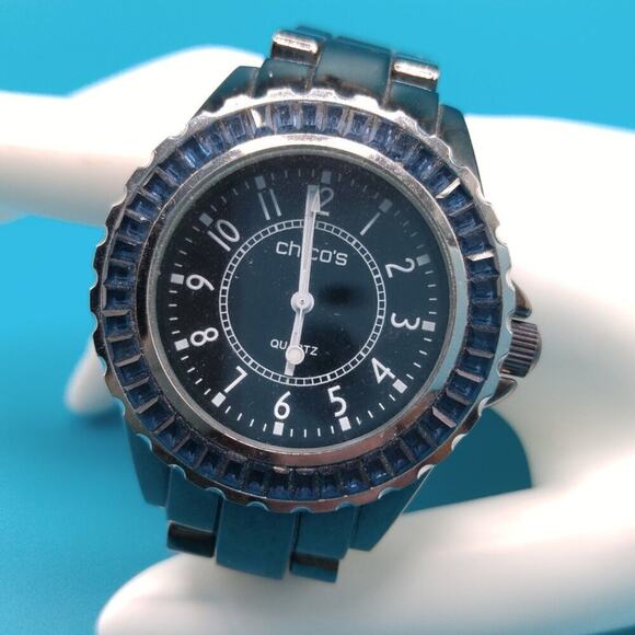 Chico’s Gunmetal Blue Rhinestone Boyfriend Watch Black Face 7 Inch Quartz - Picture 1 of 5